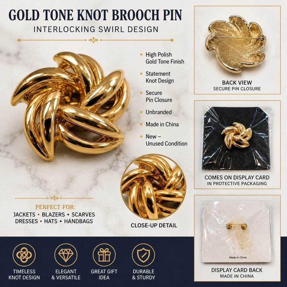 Gold Tone Knot Brooch Pin Interlocking Swirl Design Statement Jewelry New